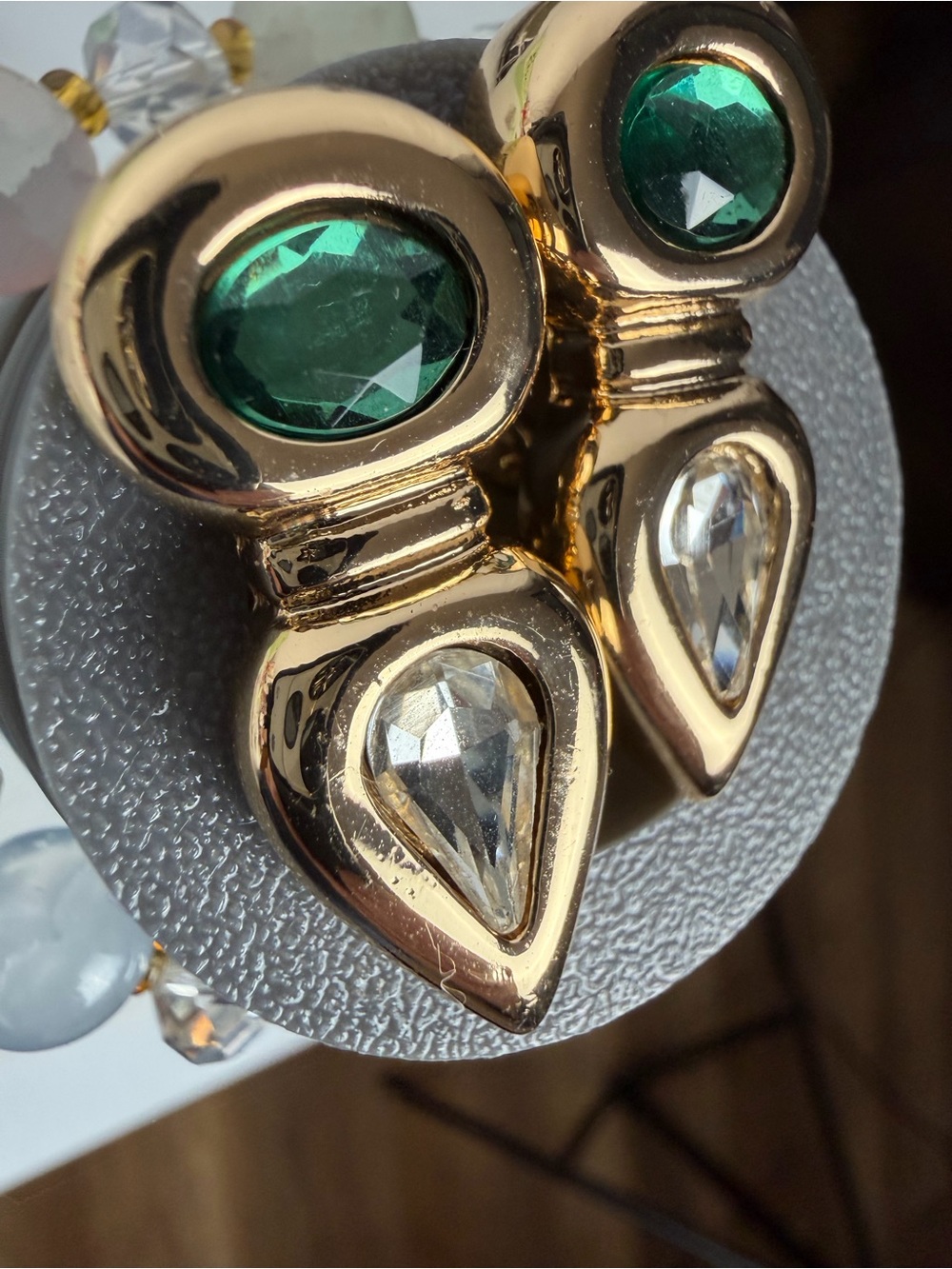 Gold Tone Teardrop Stud Earrings with Green Stone